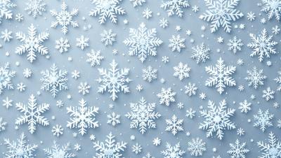 The primary subject of the image is a snowy background featuring a pattern of white snowflakes. The setting is a blue surface, which adds a contrasting color to the scene. The visual style is a combination of photo and digital art, creating a realistic yet artistic representation of the snowy pattern. The colors and mood of the image are predominantly white and cold, evoking a sense of winter and snowy weather.